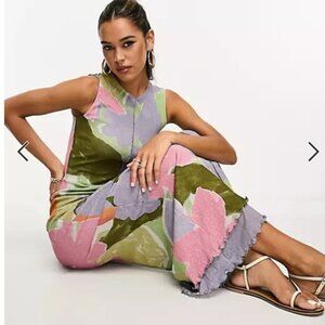 ASOS DESIGN crew neck mesh dress with lettuce hem detail in landscape print